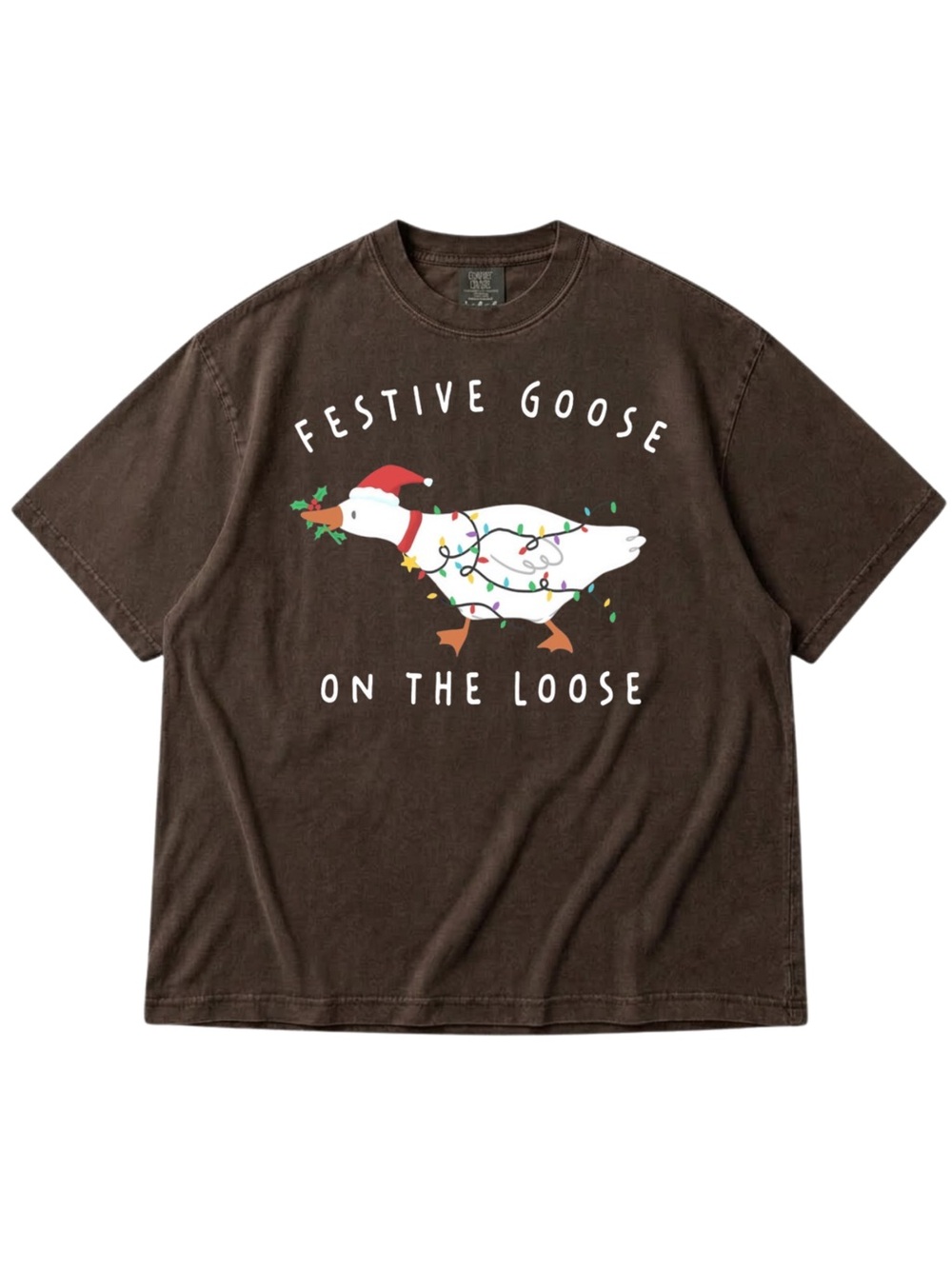 Comfort Colors Espresso Festive Goose Tee with Holiday Lights